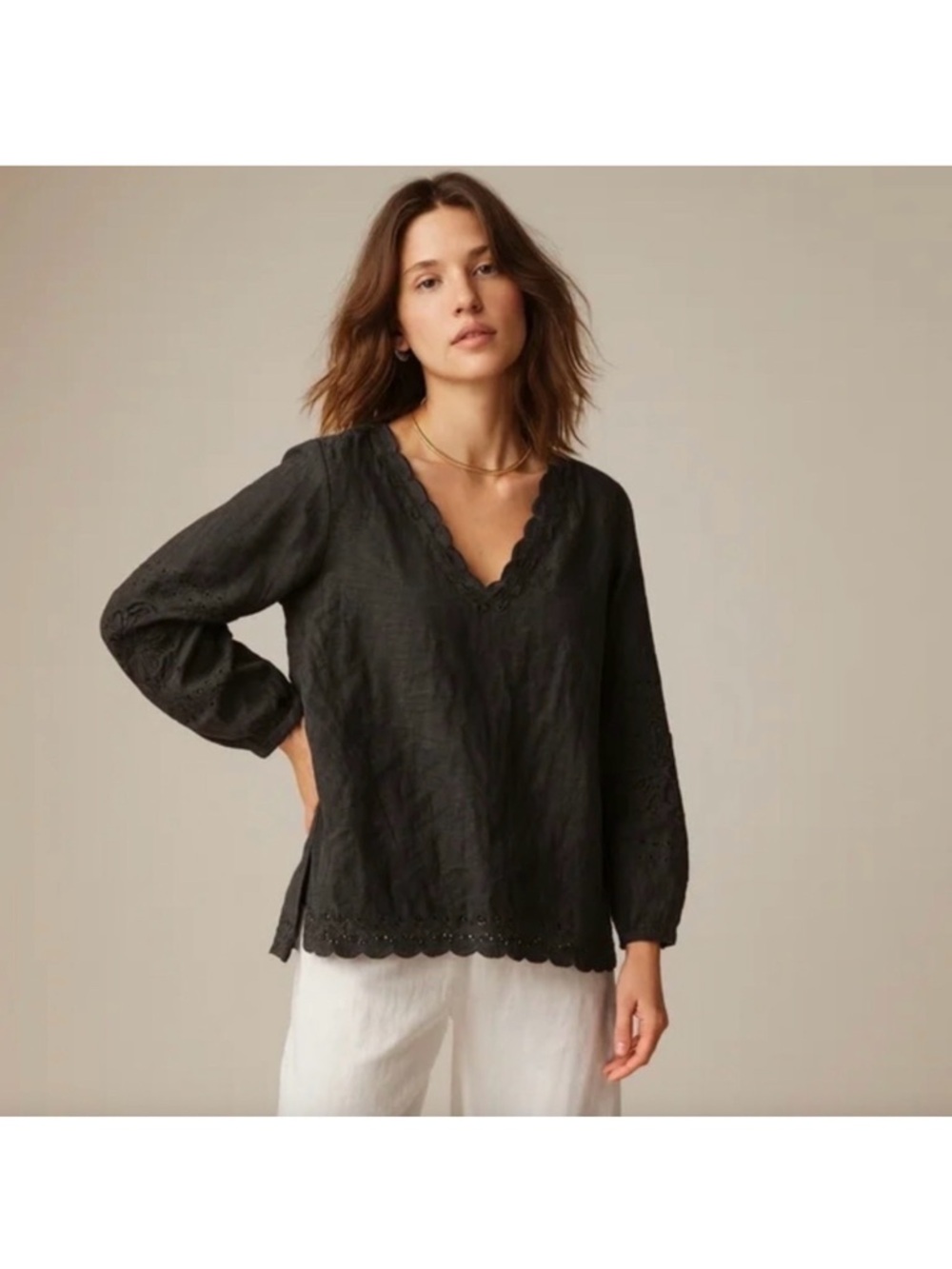 J. Crew Eyelet Bungalow Linen Popover Blouse